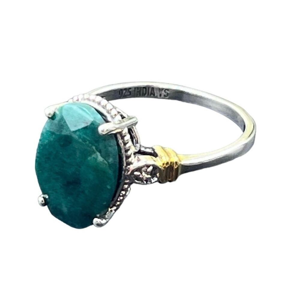 Designer Signed Sterling 925 India YS Natural Green Faceted Prong Beryl Ring 9